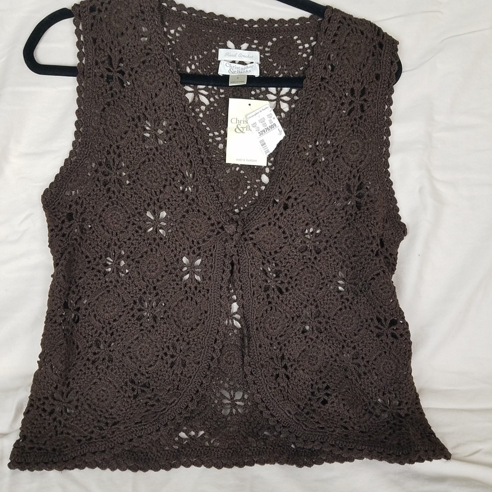 Christopher & Banks Crochet Vest Womens S Brown NWT Floral Ramie Cotton Boho - Picture 7 of 7